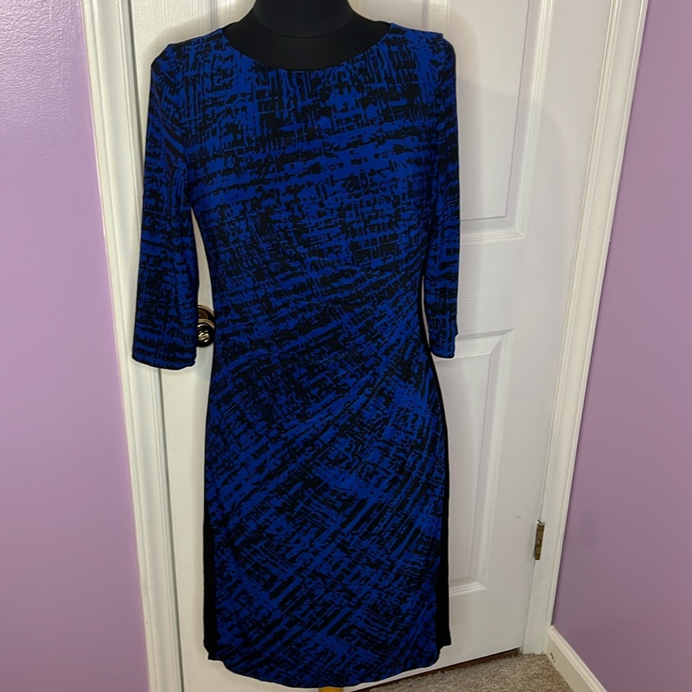 Ralph Lauren Size 12 Midi Dress Blue Black Stretch Ruched Side Bodycon Pencil